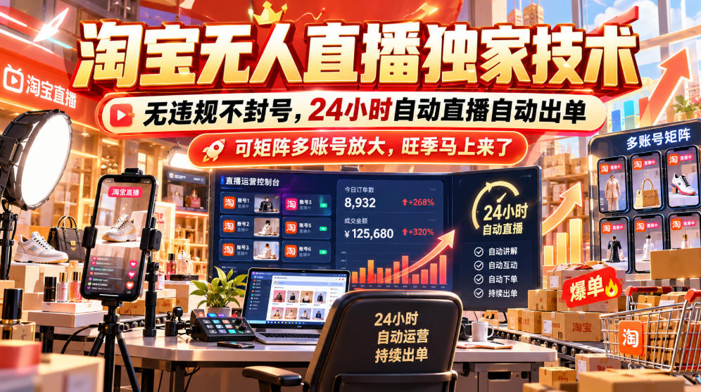淘宝无人直播独家技术,无违规不封号,24小时自动直播自动出单,可矩阵多账号放大,旺季马上来了【揭秘】-皮皮网创