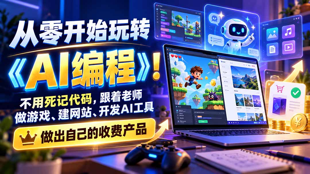 从零开始玩转《AI编程》!不用死记代码,跟着老师做游戏、建网站、开发AI工具,最后完成自己的收费产品-皮皮网创