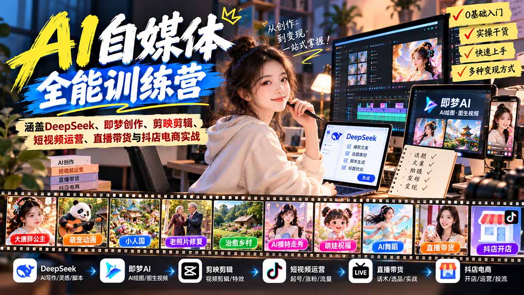 【无水印】AI+自媒体全能训练营:涵盖DeepSeek、即梦创作、剪映剪辑、短视频运营、直播带货与抖店电商实战-皮皮网创
