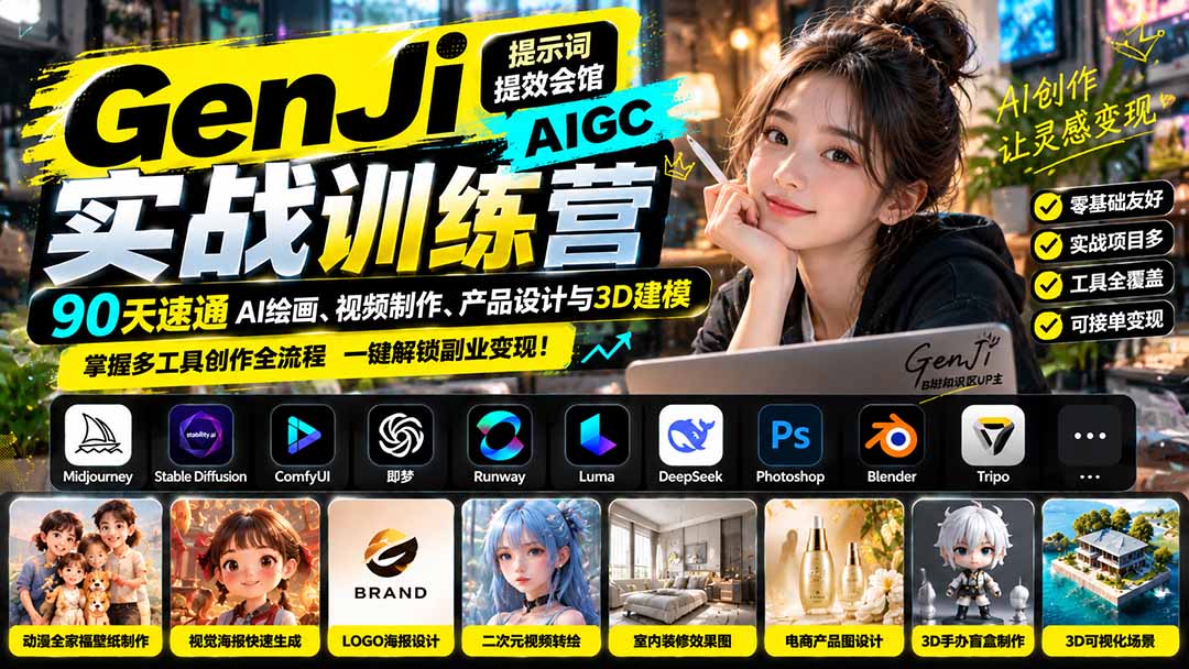 GenJi AIGC实战训练营:90天速通AI绘画、视频制作、产品设计与3D建模,掌握多工具创作全流程-皮皮网创