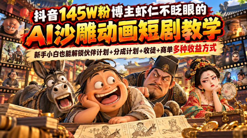 抖音145W粉博主虾仁不眨眼的AI沙雕动画短剧教学,新手小白也能解锁伙伴计划+分成计划+收徒+商单多种收益方式-皮皮网创