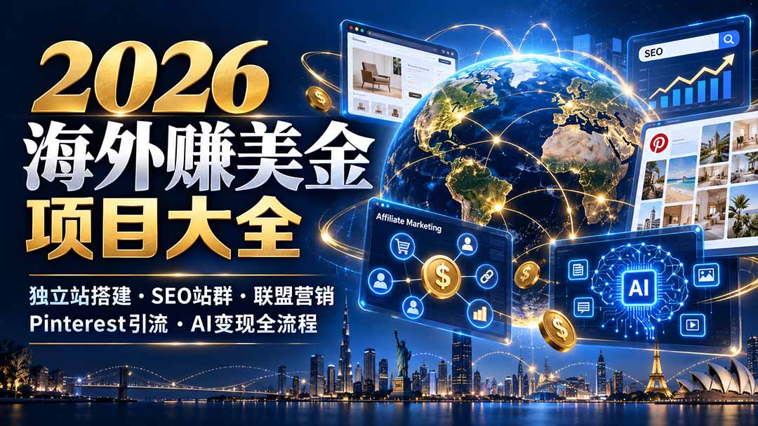 2026海外赚美金项目大全：独立站搭建、SEO站群、联盟营销、Pinterest引流与AI变现全流程-皮皮网创