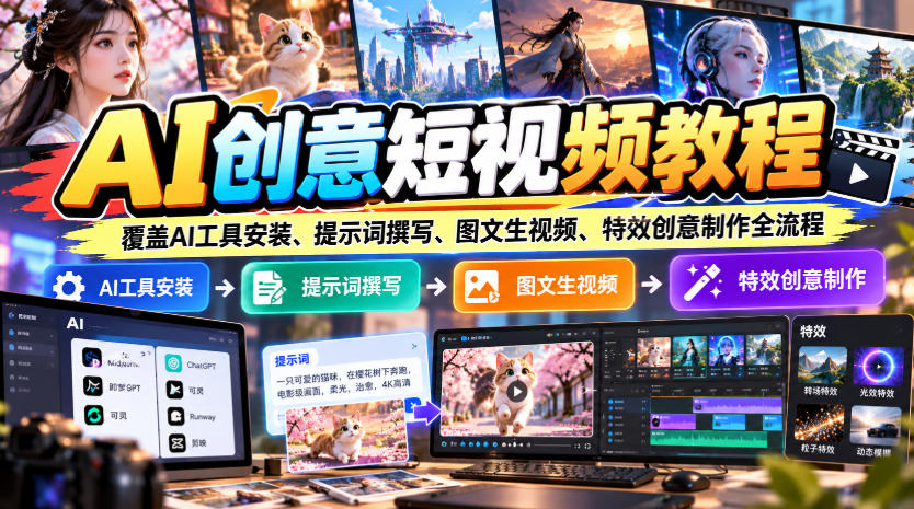 AI创意短视频教程，覆盖AI工具安装、提示词撰写、图文生视频、特效创意制作全流程-皮皮网创