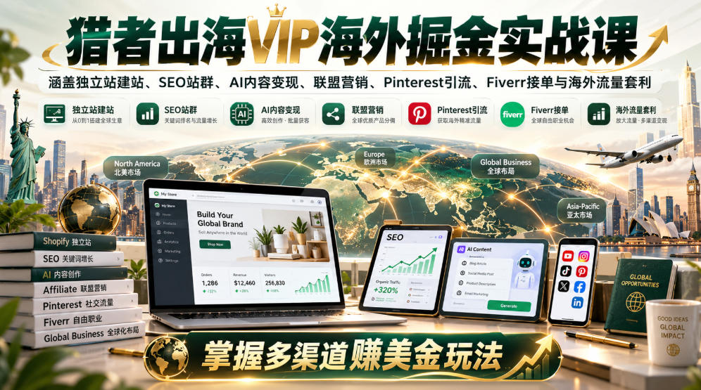 猎者出海VIP海外掘金实战课:涵盖独立站、SEO站群、AI变现、联盟营销、Pinterest引流、Fiverr接单与海外流量套利,掌握多渠道賺美金玩法-皮皮网创