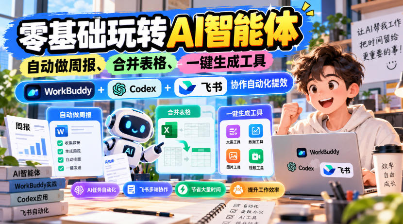 【无水印】零基础玩转AI智能体，自动做周报、合并表格、一键生成工具，WorkBuddy+Codex + 飞书协作自动化提效-皮皮网创