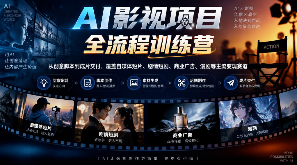 AI影视项目全流程训练营，从创意脚本到成片交付，覆盖自媒体短片、剧情短剧、商业广告、漫剧等主流变现赛道-皮皮网创