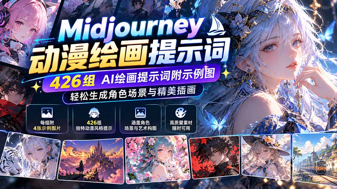 Midjourney动漫绘画提示词：426组AI绘画提示词附示例图，轻松生成角色场景与精美插画-皮皮网创