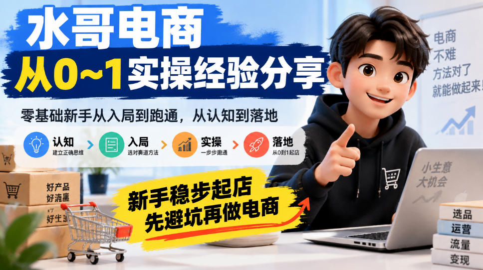 水哥电商从0~1实操经验分享，​零基础新手从入局到跑通，从认知到落地，新手稳步起店，先避坑再做电商-皮皮网创