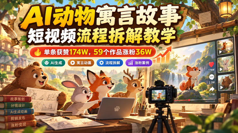 AI动物寓言故事短视频流程拆解教学,单条获赞174W,59个作品涨粉36W-皮皮网创