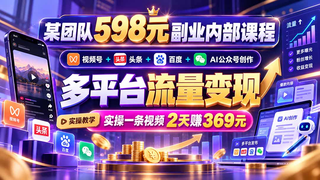 某团队598元副业内部课程：视频号+头条+百度+AI公众号创作、多平台流量变现，实操一条视频2天赚369元-皮皮网创