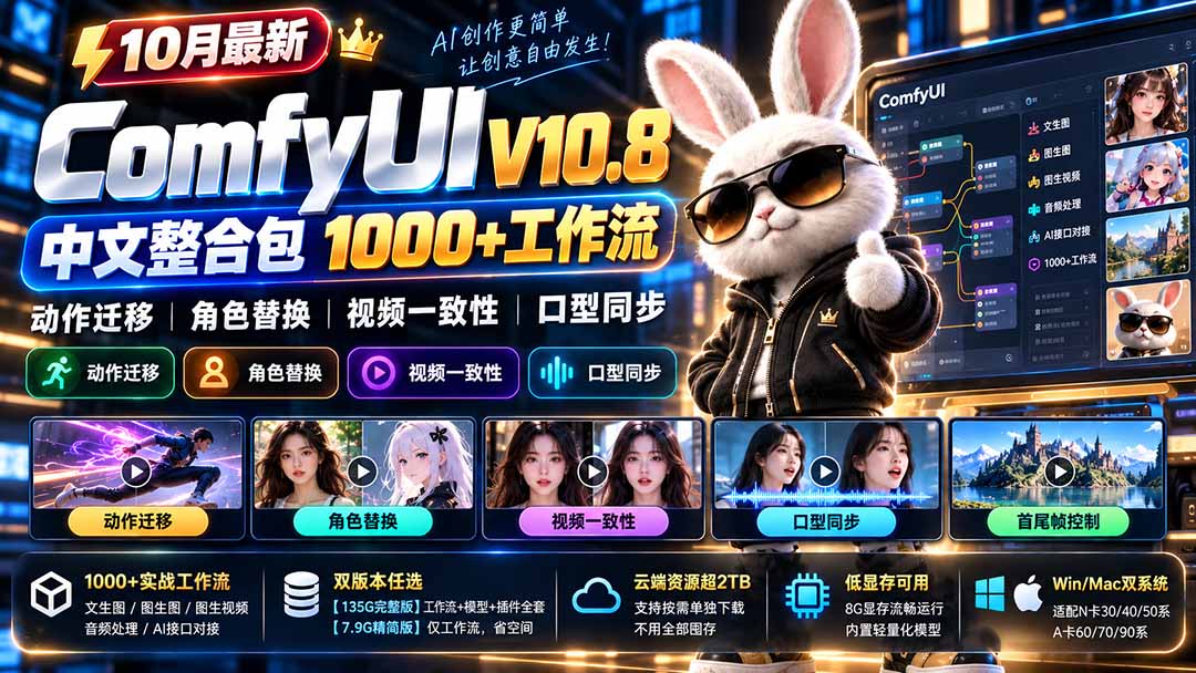 10月最新ComfyUI V10.8中文整合包 1000+工作流 动作迁移 角色替换 视频一致性 口型同步 低显存可用-皮皮网创