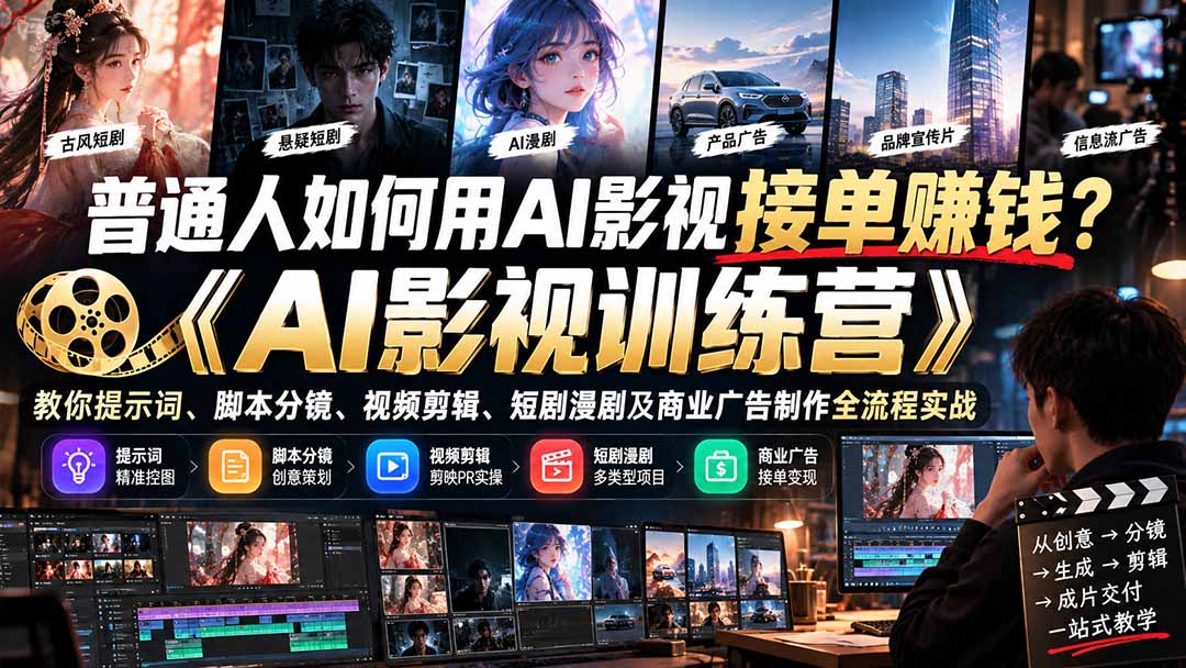 普通人如何用AI影视接单赚钱?《AI影视训练营》教你提示词、脚本分镜、视频剪辑、短剧漫剧及商业广告制作全流程实战-皮皮网创