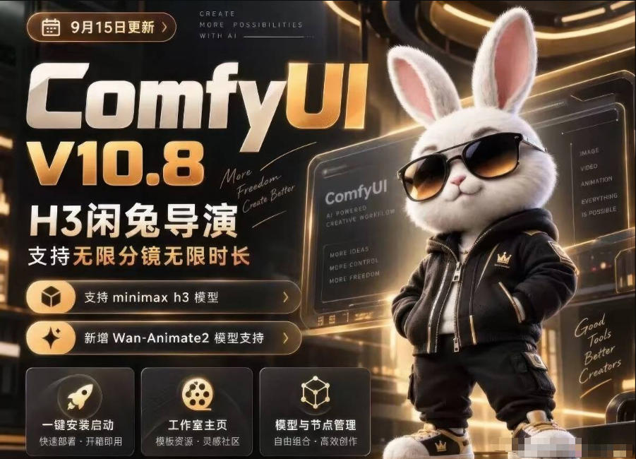 ComfyUI V10.8中文整合包,H3闲兔导演,支持无限分镜无限时长,1000+工作流,动作迁移,角色替换,视频一致性,口型同步,低显存可用-皮皮网创