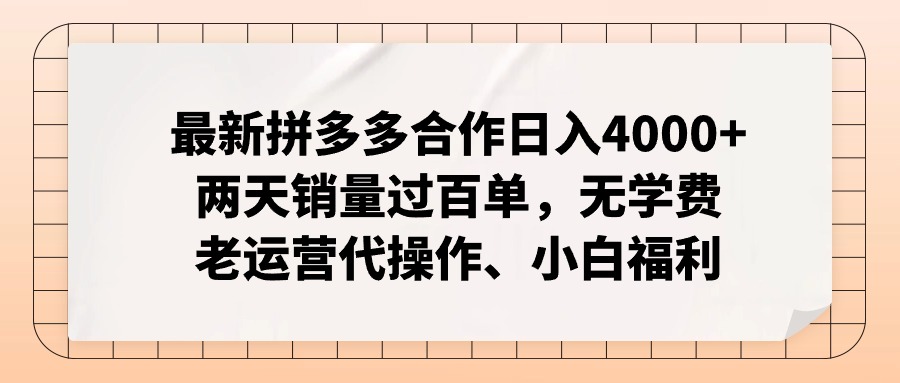 拼多多最新合作日入4000+两天销量过百单，无学费、老运营代操作、小白福利-皮皮网创