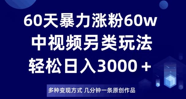 60天暴力涨粉60W，中视频另类玩法，日入3000＋，几分钟一条原创作品多种变现方式-皮皮网创