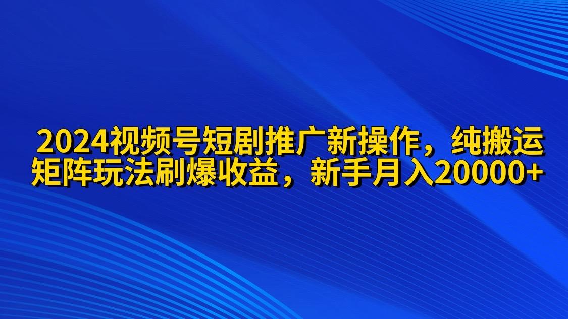 (9916期)2024视频号短剧推广新操作 纯搬运+矩阵连爆打法刷爆流量分成 小白月入20000-皮皮网创