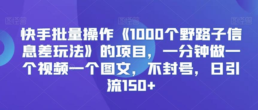 快手批量操作《1000个野路子信息差玩法》的项目，一分钟做一个视频一个图文，不封号，日引流150+【揭秘】-皮皮网创