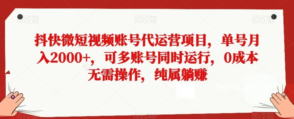 抖快微短视频账号代运营项目，单号月入2000+，可多账号同时运行，0成本无需操作，纯属躺赚【揭秘】-皮皮网创