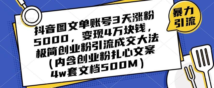 抖音图文单账号3天涨粉5000，变现4万块钱，极简创业粉引流成交大法-皮皮网创