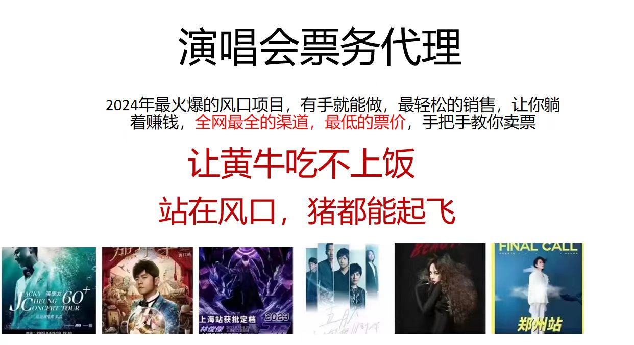 演唱会票务代理，2024年最火爆风口项目，全网最低的票价，小白一分钟上手日入2000+-皮皮网创