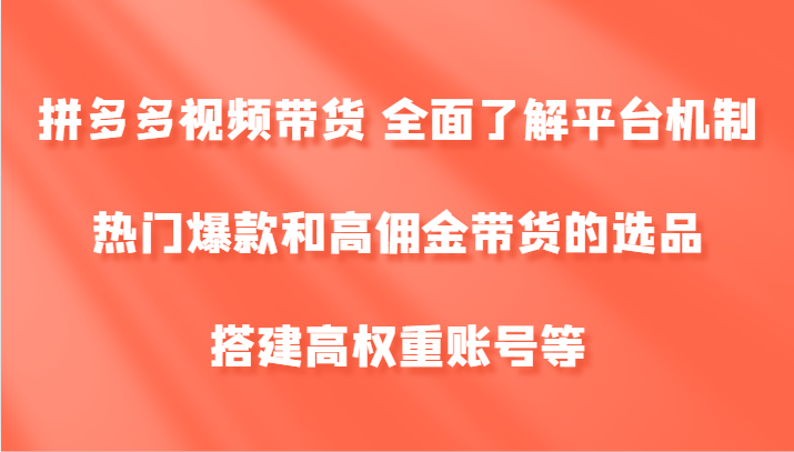 拼多多视频带货 全面了解平台机制、热门爆款和高佣金带货的选品，搭建高权重账号等-皮皮网创