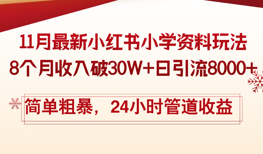 11月份最新小红书小学资料玩法，8个月收入破30W+日引流8000+，简单粗暴-皮皮网创