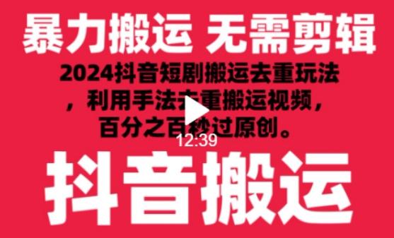 2024最新抖音搬运技术，抖音短剧视频去重，手法搬运，利用工具去重，达到秒过原创的效果【揭秘】-皮皮网创