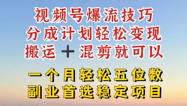 视频号爆流技巧，分成计划轻松变现，搬运 +混剪就可以，一个月轻松五位数稳定项目【揭秘】-皮皮网创