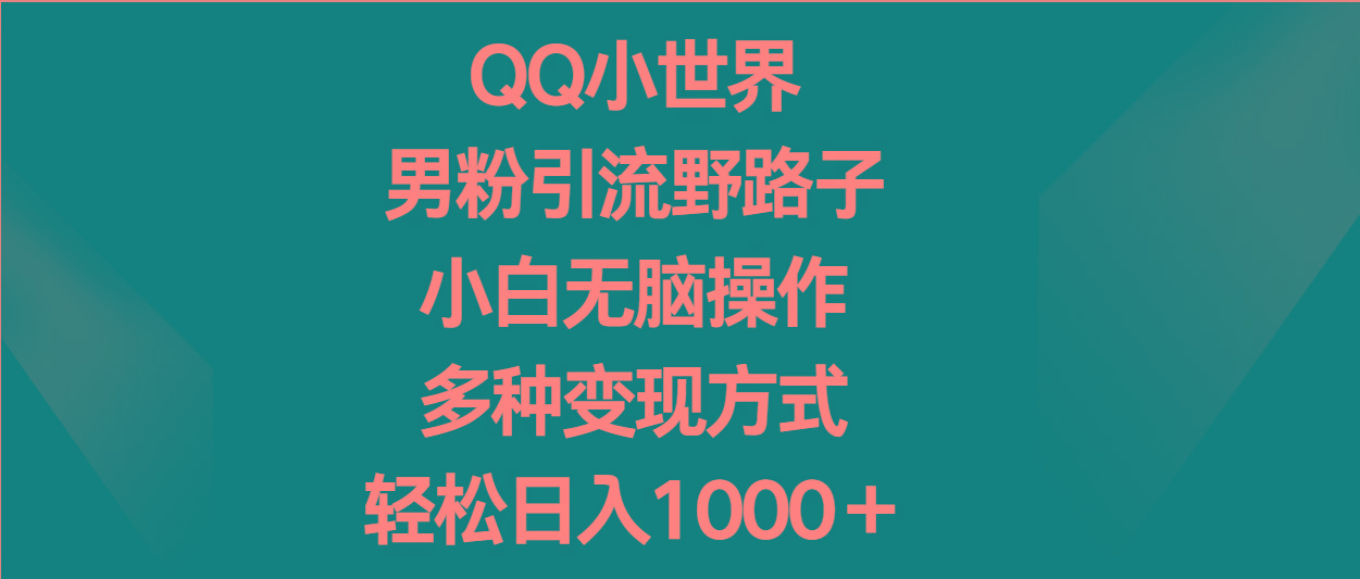 QQ小世界男粉引流野路子，小白无脑操作，多种变现方式轻松日入1000＋-皮皮网创