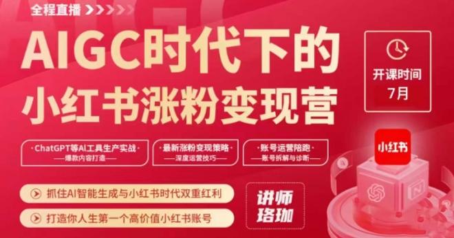 AIGC时代下的小红书涨粉变现训练营，抓住AI智能生成与小红书时代双重红利，打造你人生第一个高价值小红书账号-皮皮网创