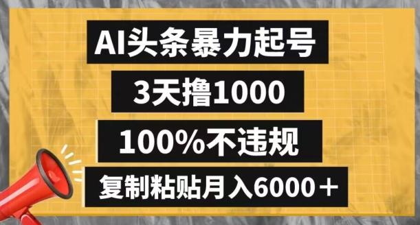 AI头条暴力起号，3天撸1000,100%不违规，复制粘贴月入6000＋【揭秘】-皮皮网创