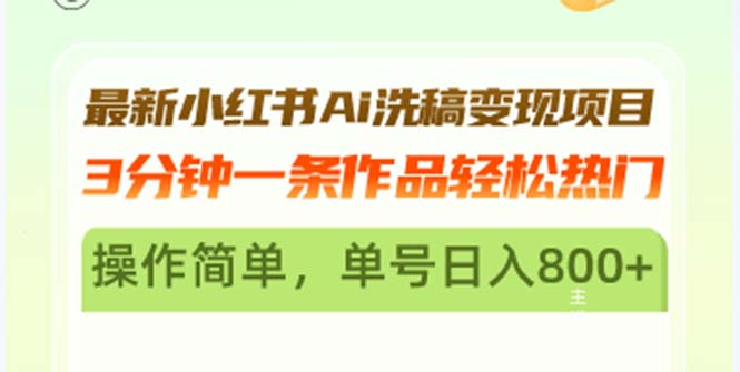 最新小红书Ai洗稿变现项目 3分钟一条作品轻松热门 操作简单，单号日入800+-皮皮网创