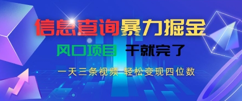 信息查询暴力掘金，一天三条视频，轻松变现四位数，风口项目干就完了【揭秘】-皮皮网创