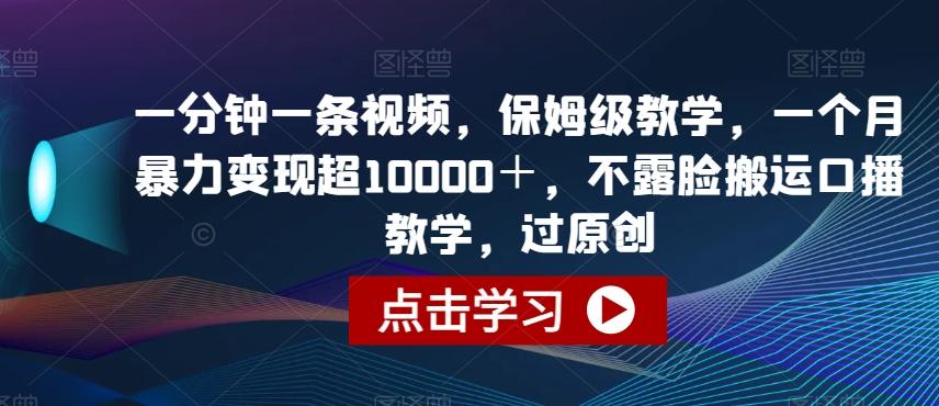 一分钟一条视频，保姆级教学，一个月暴力变现超10000＋，不露脸搬运口播教学，过原创-皮皮网创