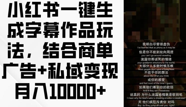 小红书一键生成字幕作品玩法，结合商单广告+私域变现月入1w+【揭秘】-皮皮网创