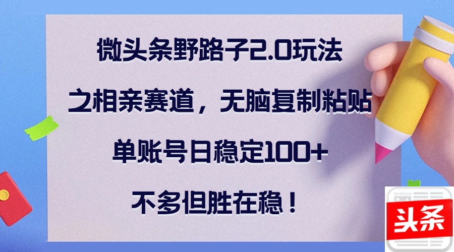 微头条野路子2.0玩法之相亲赛道，无脑复制粘贴，单账号日稳定100+，不…-皮皮网创