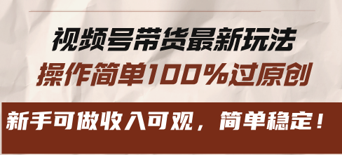 视频号带货最新玩法，操作简单100%过原创，新手可做收入可观，简单稳定！-皮皮网创