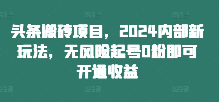 头条搬砖项目，2024内部新玩法，无风险起号0粉即可开通收益-皮皮网创